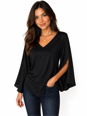 Mai Soli Black Bell Sleeve Bow Back Blouse Small Boho Flowy Split Sleeve Top